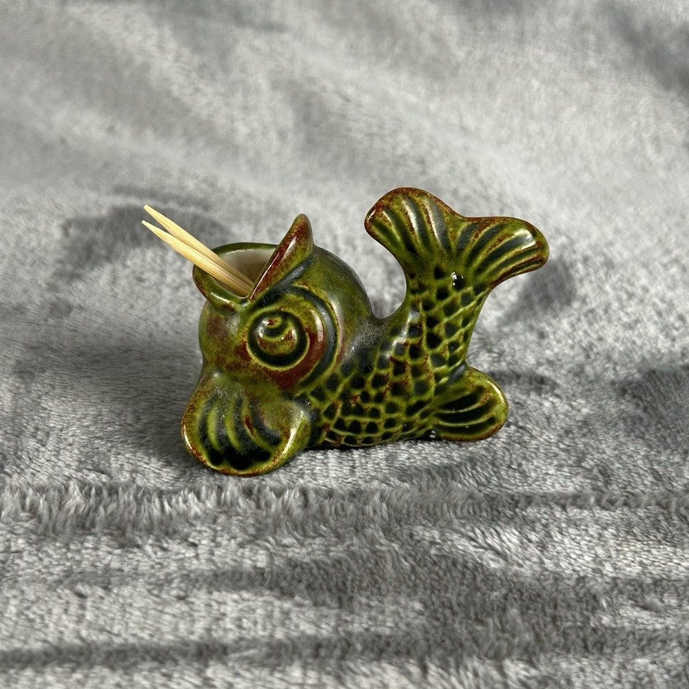 Vintage Signed Ceramic Green Koi Fish Toothpick Holder Candle Holder Bud Vase